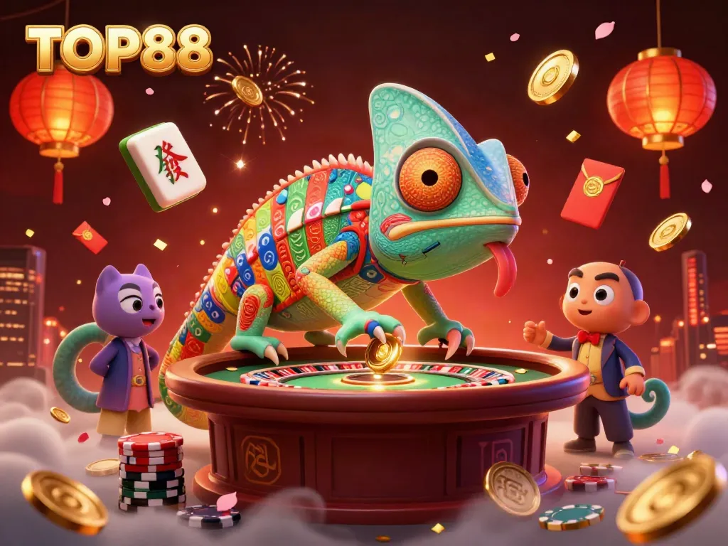 Engage with TOP88's vibrant chameleon casino owner, surrounded by dazzling gambling elements and festive decor.