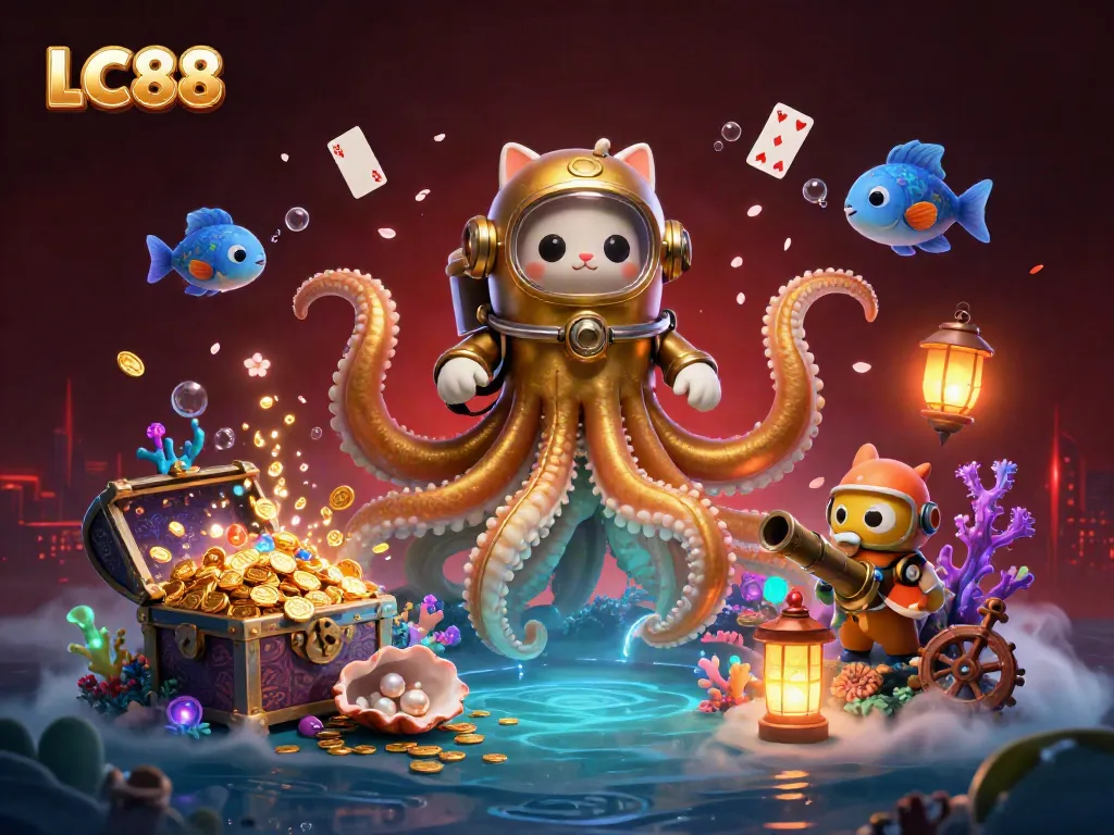 Experience the excitement of LC88 with a vibrant scene featuring a kraken and diving cat among treasures and glowing elements.