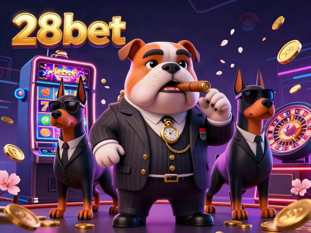 Engage in thrilling slots and casino games at 28bet, featuring animated characters in a vibrant atmosphere.