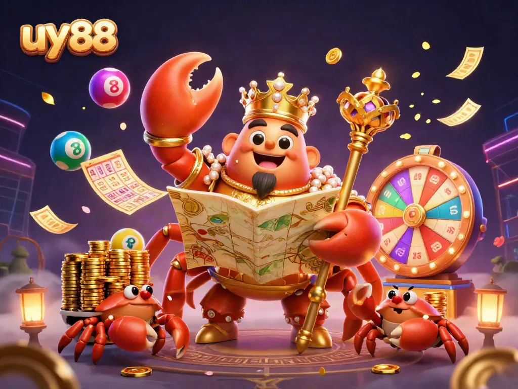 Experience the thrill of uy88 gaming with a vibrant scene filled with lottery elements and a golden crab emperor.