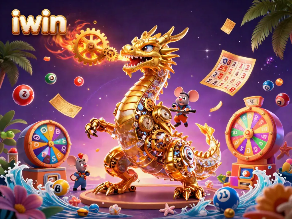 Play exciting lottery games with vibrant iwin-themed elements and a dynamic dragon illustration.