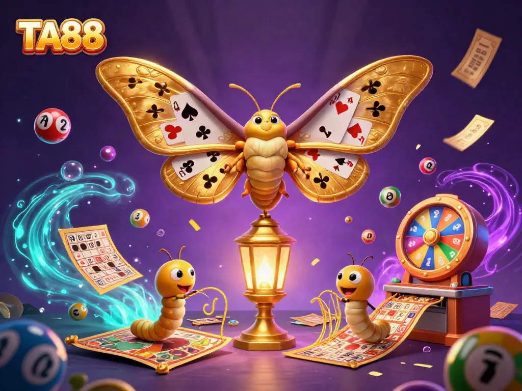 Experience the excitement of TA88 with colorful lottery elements and a majestic golden moth!