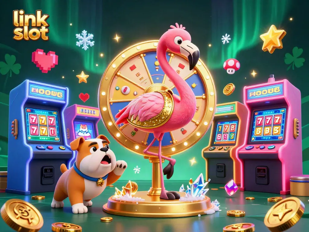 Spin the link slot prize wheel in an exciting 3D casino illustration full of vibrant game elements.