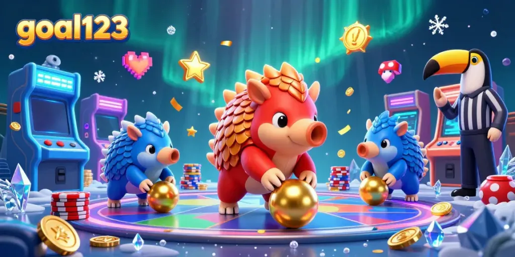 Experience goal123 with rival pangolins bowling coins through poker chips in a vibrant casino scene.