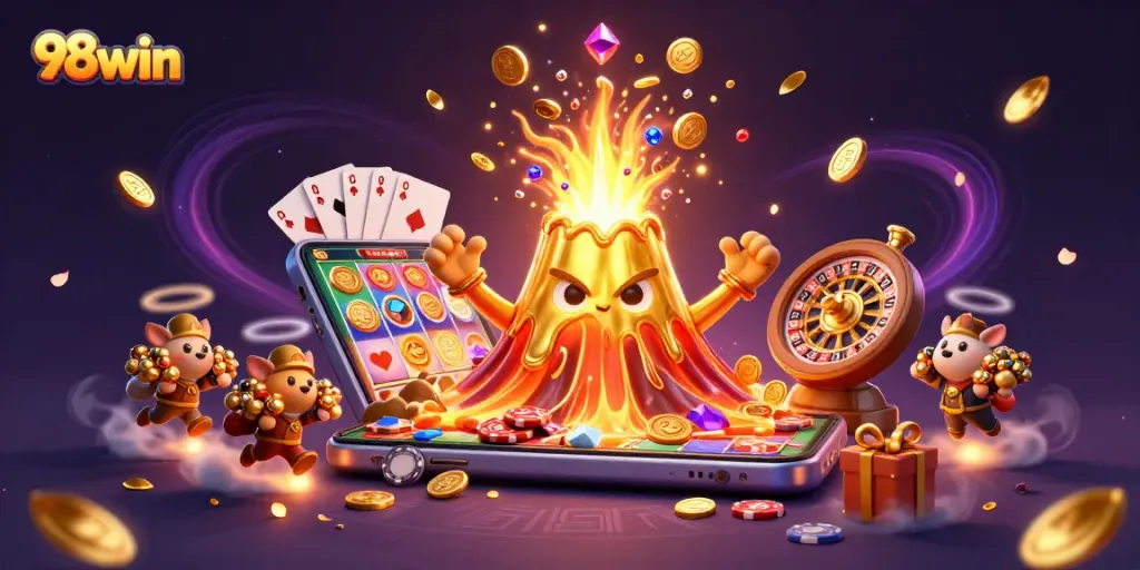 Join the excitement of 98win with a vibrant 3D casino scene showcasing treasures and gaming action.