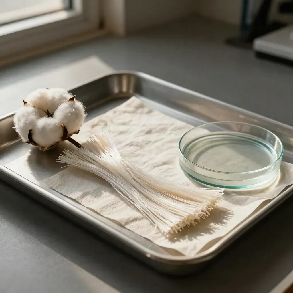 Mikroskopowe porównanie włókien bawełny, lnu i poliestru na ciemnej tacy laboratoryjnej.