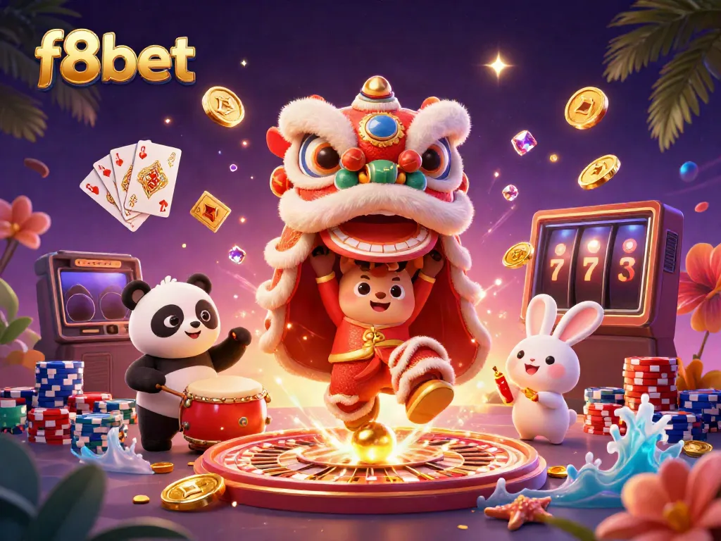 Experience the vibrant excitement of f8bet through a celebratory Chinese New Year scene filled with dynamic casino elements.