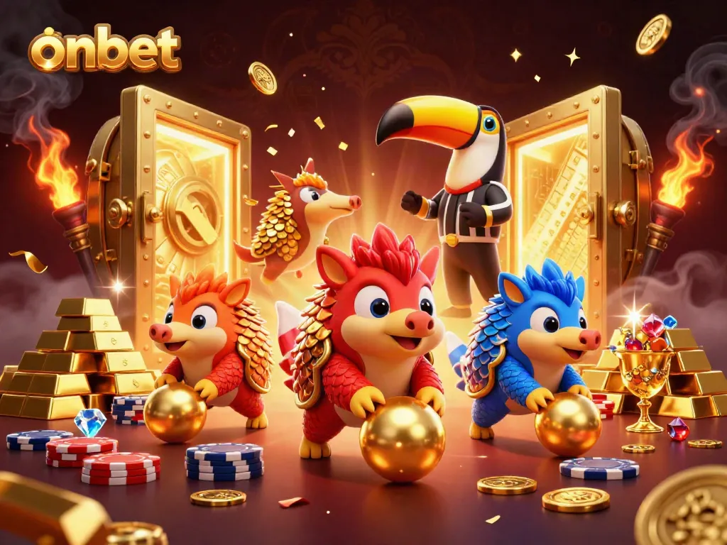 Engaging scene with onbet pangolins competing amidst poker chips and treasure, showcasing vibrant casino energy.