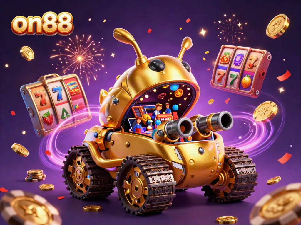 Experience excitement and fun at on88 with a golden beetle casino, flashing slot reels, and joyous confetti.