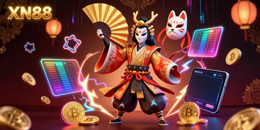 Experience the excitement of XN88 casino gaming in a vibrant 3D illustration featuring mystical elements and crypto symbols.