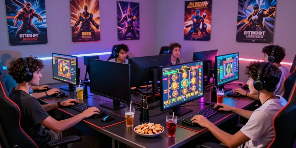 Friends enjoying a gaming night with situs slot gacor games displayed on screen.