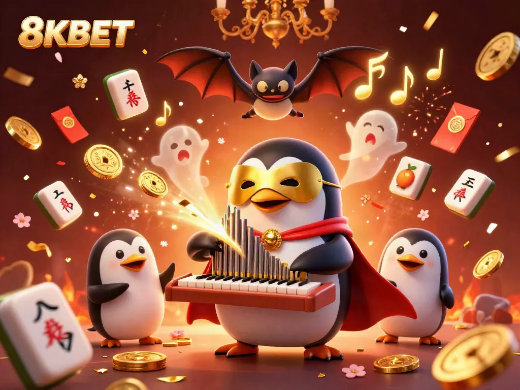 Experience the thrilling 8KBET gaming adventure with a penguin playing a magical organ amidst golden coins and action.
