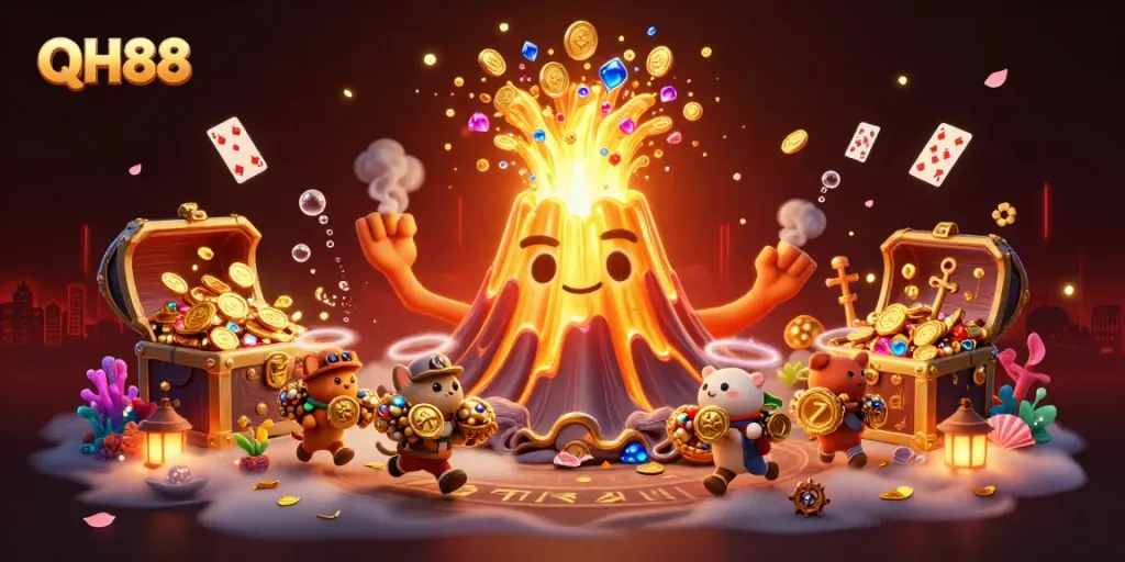 Experience the excitement of QH88 with a vibrant eruption of treasure in this 3D casino illustration.