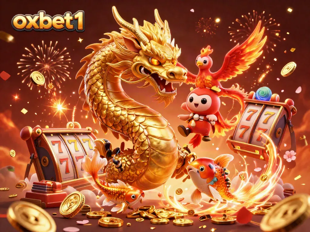 Experience the thrill of oxbet1 with a vibrant casino scene featuring dynamic characters and slot game elements.