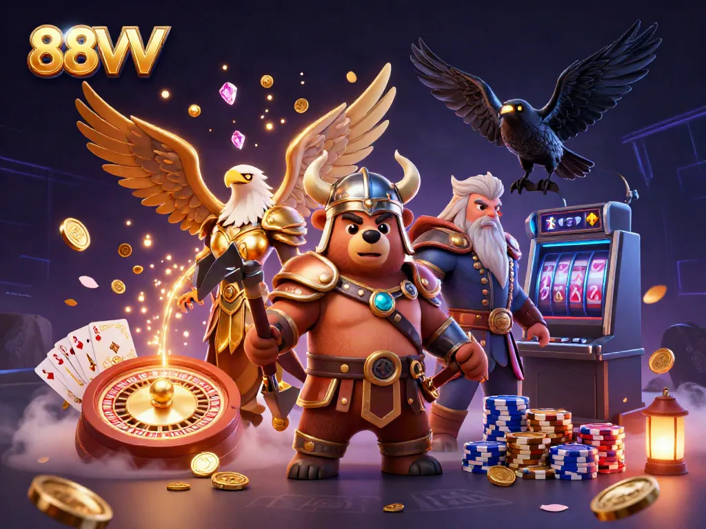 88VV Viking berserker and Valkyrie in a dynamic casino scene with coins and games.