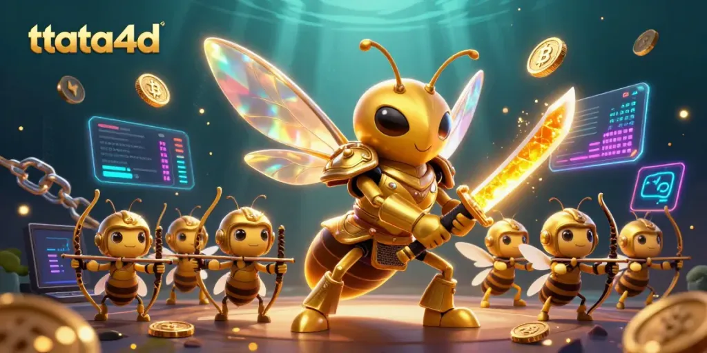Tata4d showcases a vibrant 3D casino scene with a golden hornet samurai leading a squad of bee archers.