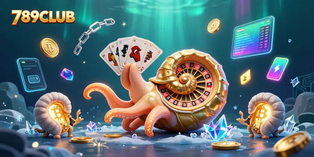 Engage in the thrills of 789CLUB with vibrant crypto casino elements and a dynamic underwater scene.