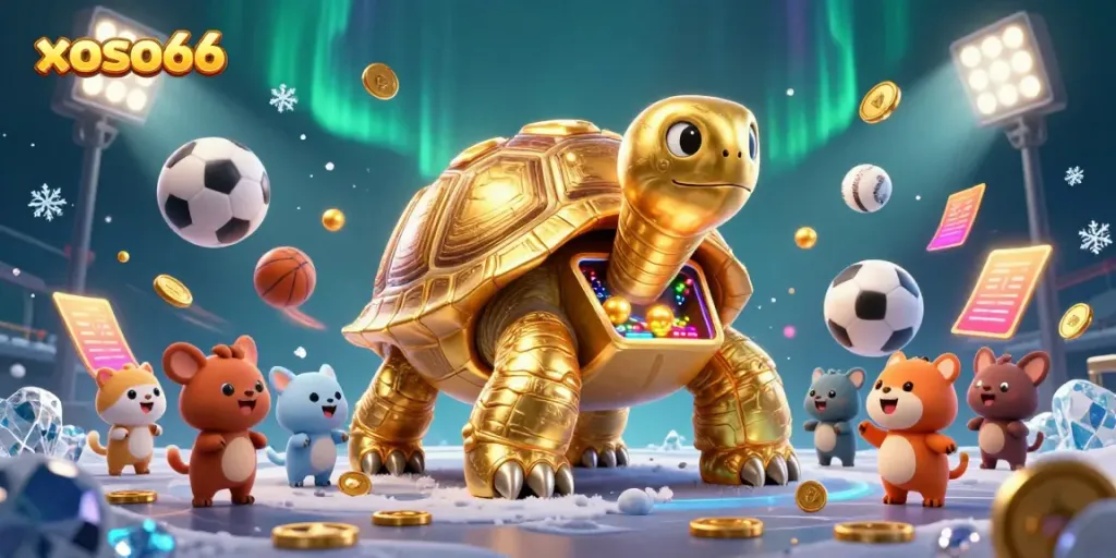 Immerse in the thrilling gambling world of xoso66 with a dynamic scene of a colossal tortoise and sports elements.