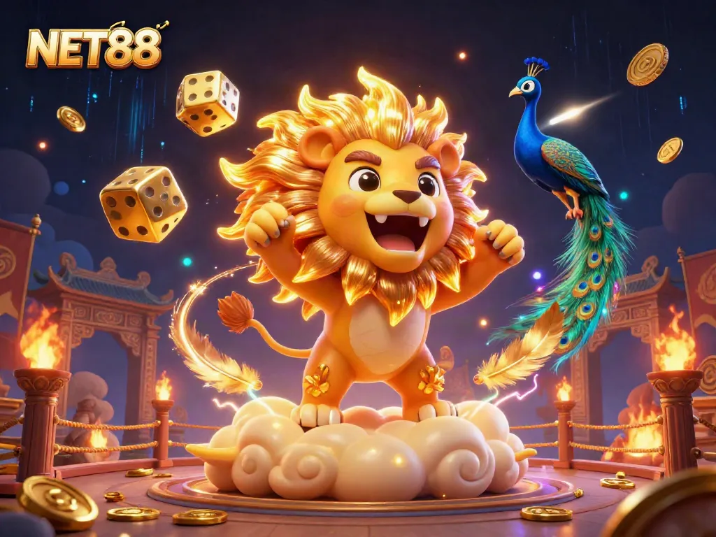 Engage with NET88's vibrant and dynamic casino world through a thrilling illustration featuring a roaring sun lion and golden dice
