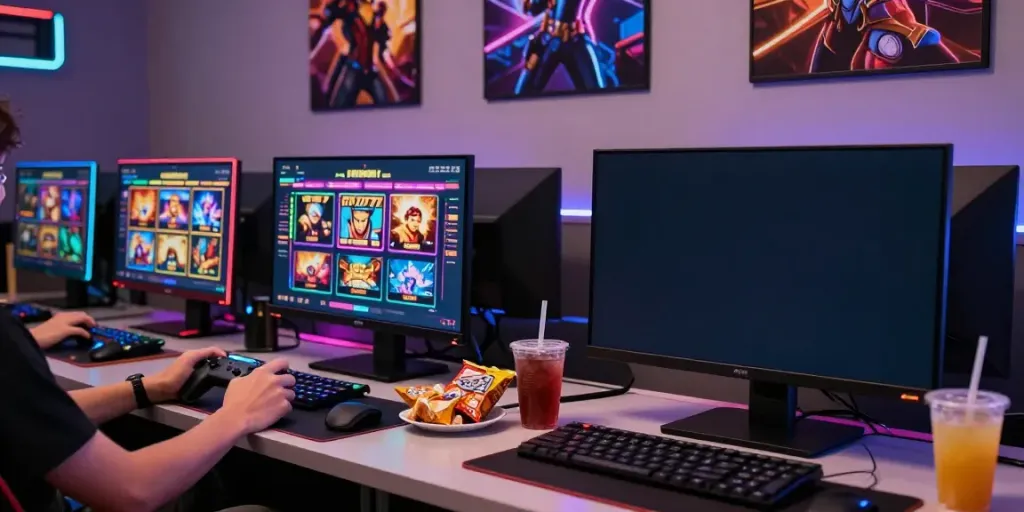 Player enjoying engaging slot777 games in modern gaming setup with vibrant lighting.