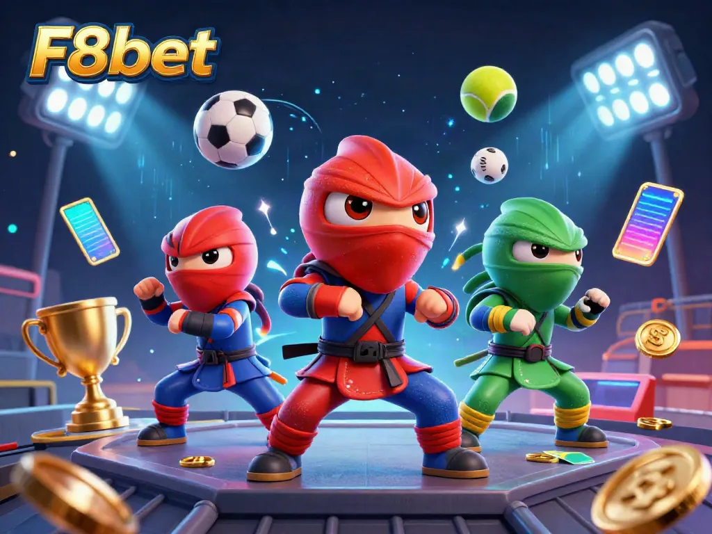 Engage with F8bet's thrilling gaming environment through a dynamic ninja-chameleon scene involved in exciting synchronized martial arts.