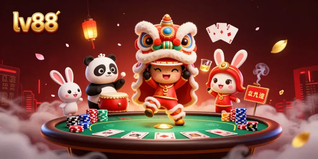 Engage in thrilling gameplay with lv88 as a festive lion dance catalyzes excitement at a poker table.