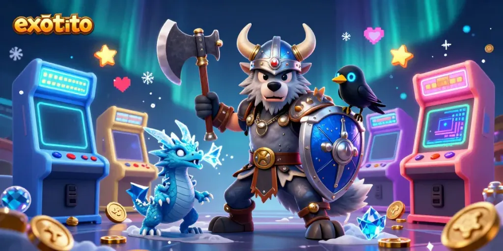 Gambarlah platform permainan exototo dengan slot gacor, menarik perhatian pemain dengan kolase karakter dan mesin slot.