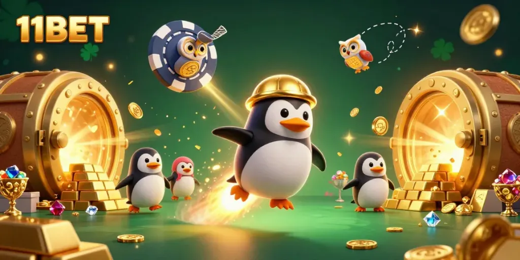 Experience 11BET's exciting gaming world with a golden penguin and treasures in space.