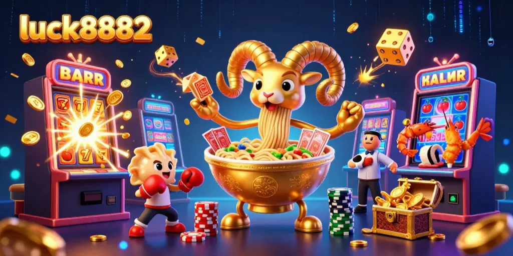 Experience excitement with luck8882 as a giant ramen bowl and friends celebrate casino victories in a vibrant digital illustration.