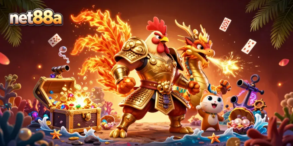 Play exciting games at net88a with a fierce rooster warrior in a dynamic casino scene.