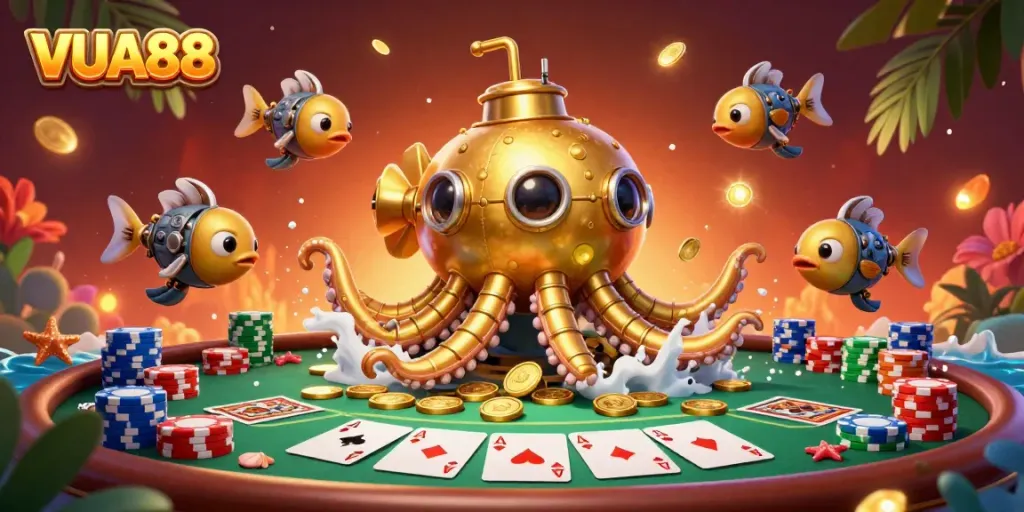 Experience the excitement of VUA88 as a golden kraken submarine surfaces amidst a vibrant casino scene.