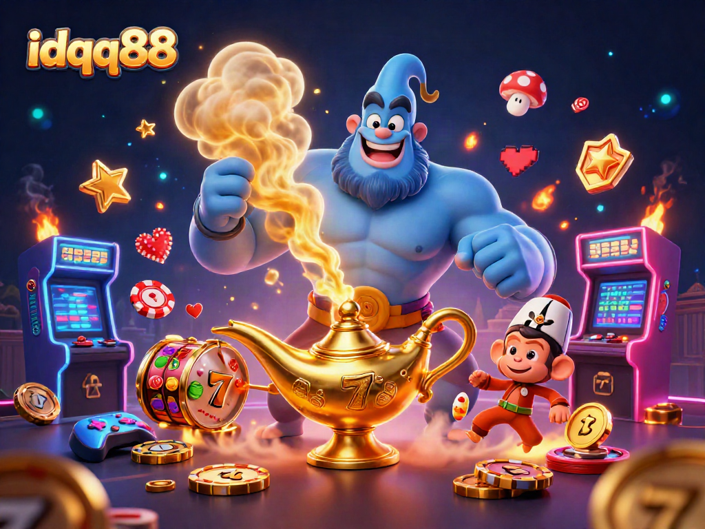 idqq88 gaming action featuring a dynamic genie and slot symbols bringing fortune to players.