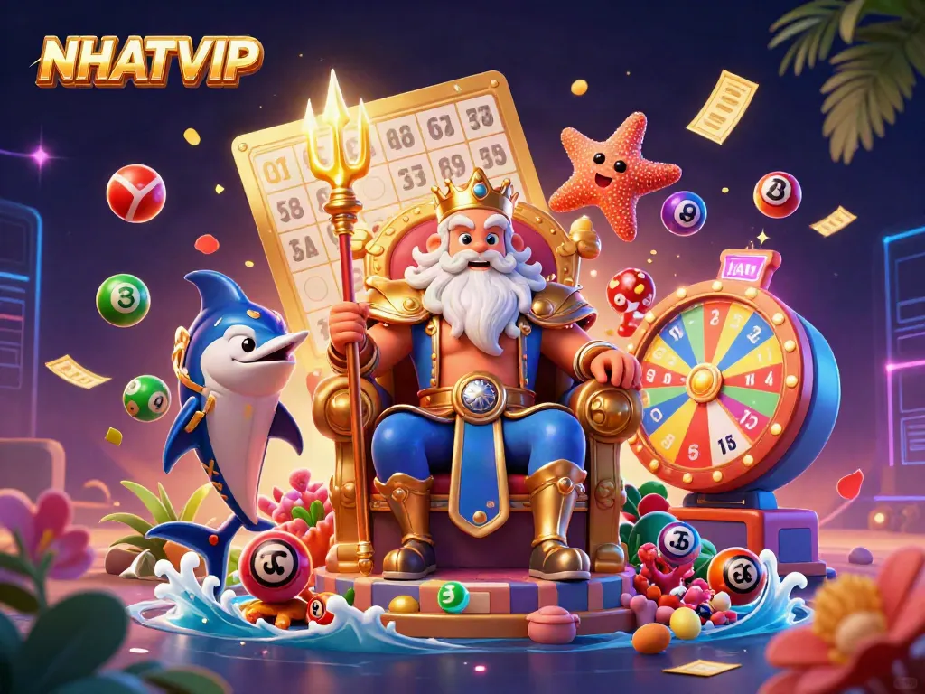 Win big with NHATVIP in this exciting scene featuring Neptune and vibrant lottery elements.