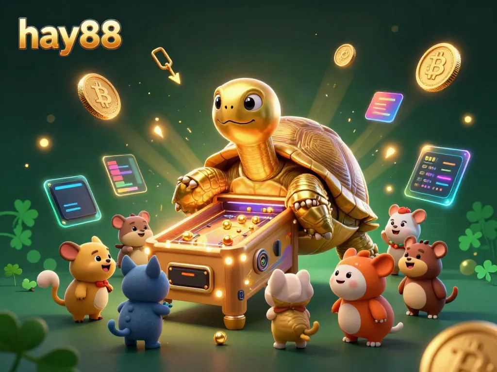 Experience excitement with hay88 at this vibrant 3D illustration showcasing a golden tortoise in a dynamic casino scene.