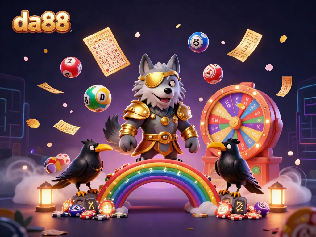 da88 features a captivating illustration of a Norse-inspired scene with colorful casino elements.