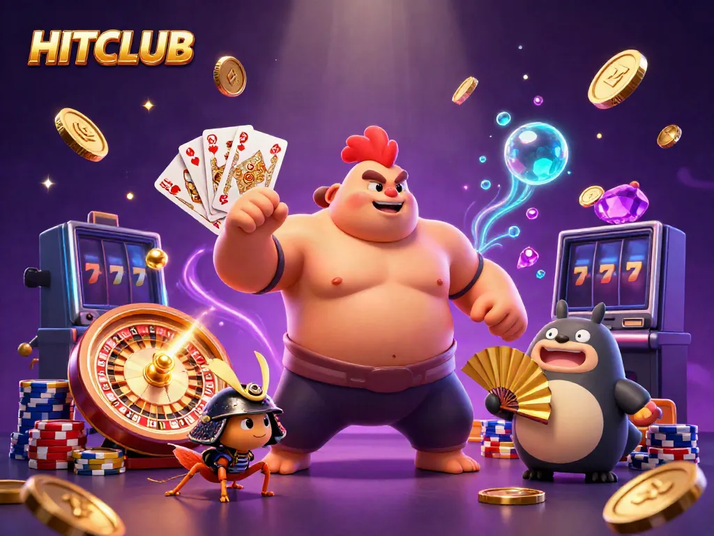 Engage with HITCLUB's vibrant gaming world featuring dynamic casino elements and characters.