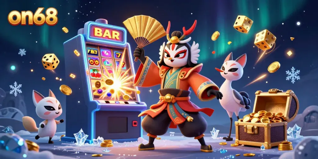 Experience thrilling gaming action at on68 with our vibrant casino scene showcasing characters and games!