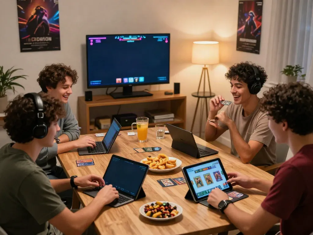 A diverse group enjoying engaging card games on Sunwin platform, with cozy atmosphere and multiple devices.