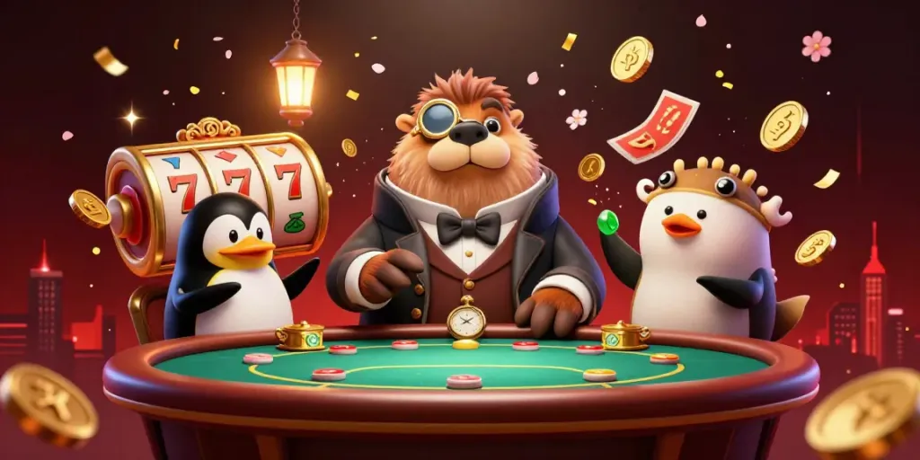 Permainan situs slot dengan walrus, dealer penguin, dan pemain ikan puff yang sedang menggertak di meja, penuh simbol keberuntungan.