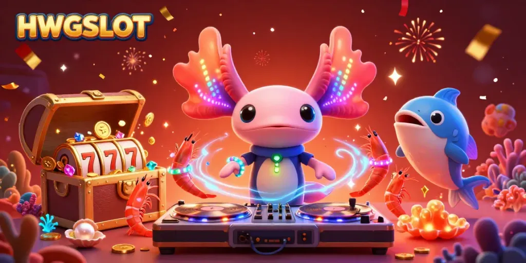 HWGSLOT features a lively underwater party with a neon axolotl DJ, slot reels, and vibrant energy elements.