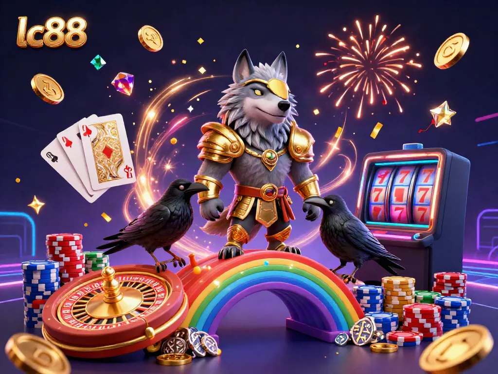 Engage in thrilling lc88 moments with a vibrant, animated scene of Norse mythology characters amidst casino themes.