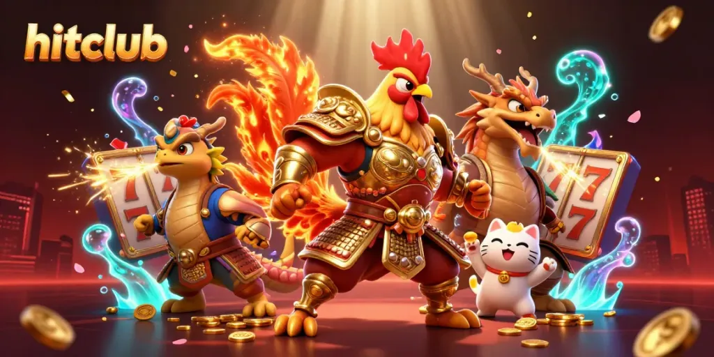 Win big with hitclub in this vibrant casino scene featuring dynamic characters and rich game elements.