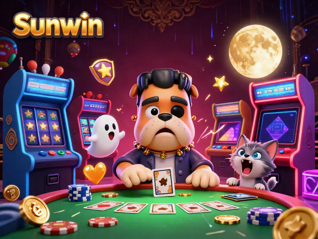 Sunwin displays thrilling gaming excitement with a cartoon bulldog monster and lively casino elements.