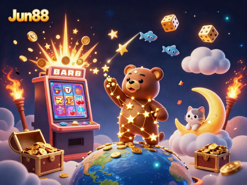 Experience thrilling games at Jun88 with a dynamic casino-themed scene full of excitement and visual splendor.