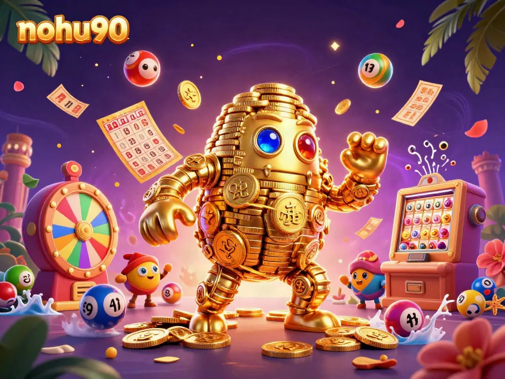 Engage with nohu90 in a vibrant casino scene with dynamic lottery balls and a golden golem.