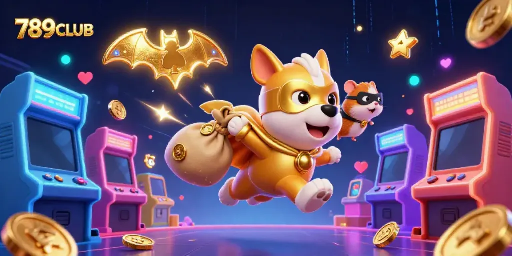 Grab gold coins with 789CLUB's cartoon superhero dog flying amidst casino excitement.