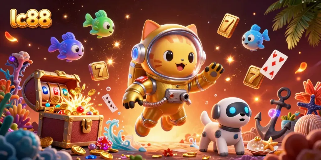 Engage with lc88-themed casino excitement through a vibrant 3D illustration of a space cat and its robot dog in a galaxy of games and treasure.