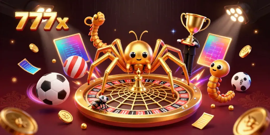 Place bets with 777x in a vibrant casino scene featuring dynamic characters and sports elements.