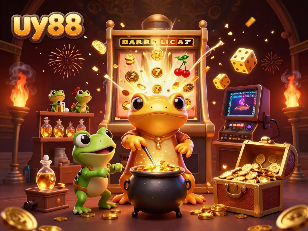 uy88 transforms base metals into gold coins in a vibrant casino setting, showcasing thrilling game elements.