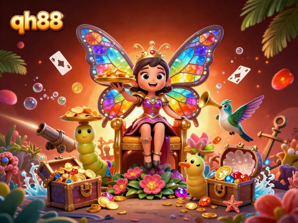 Engage with the vibrant world of qh88 featuring a butterfly queen and dynamic casino elements.